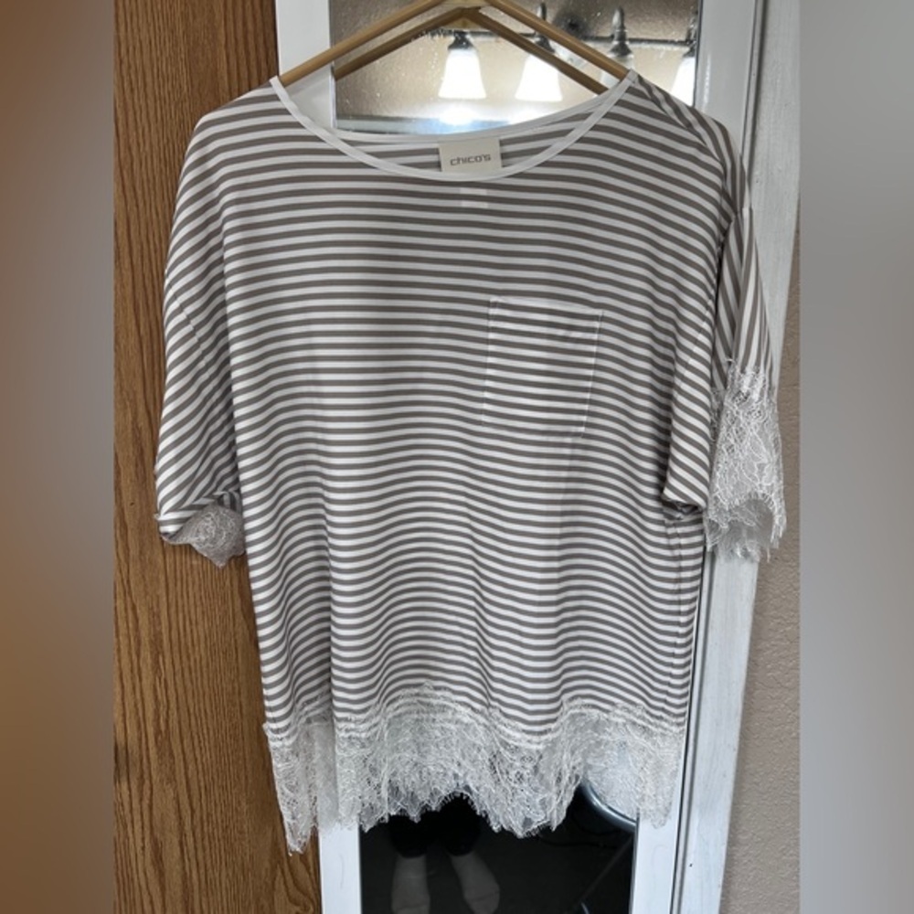 Chico's Gray Striped Lace Blouse